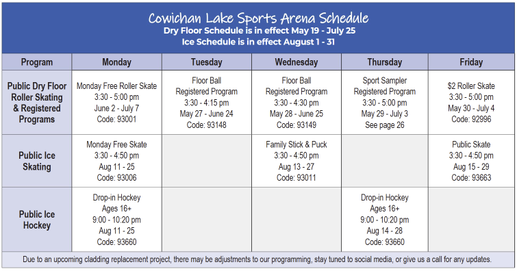 Summer 2025 ice schedule